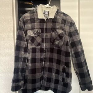 Crooks and Castles Fleece Plaid Button Up Jacket Coat Sz MEDIUM Black Gray 2002